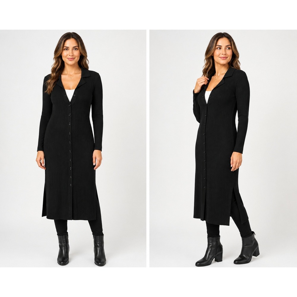 Catherine Malandrino Black Ribbed Knit Button Downโ Midi Dress XL New